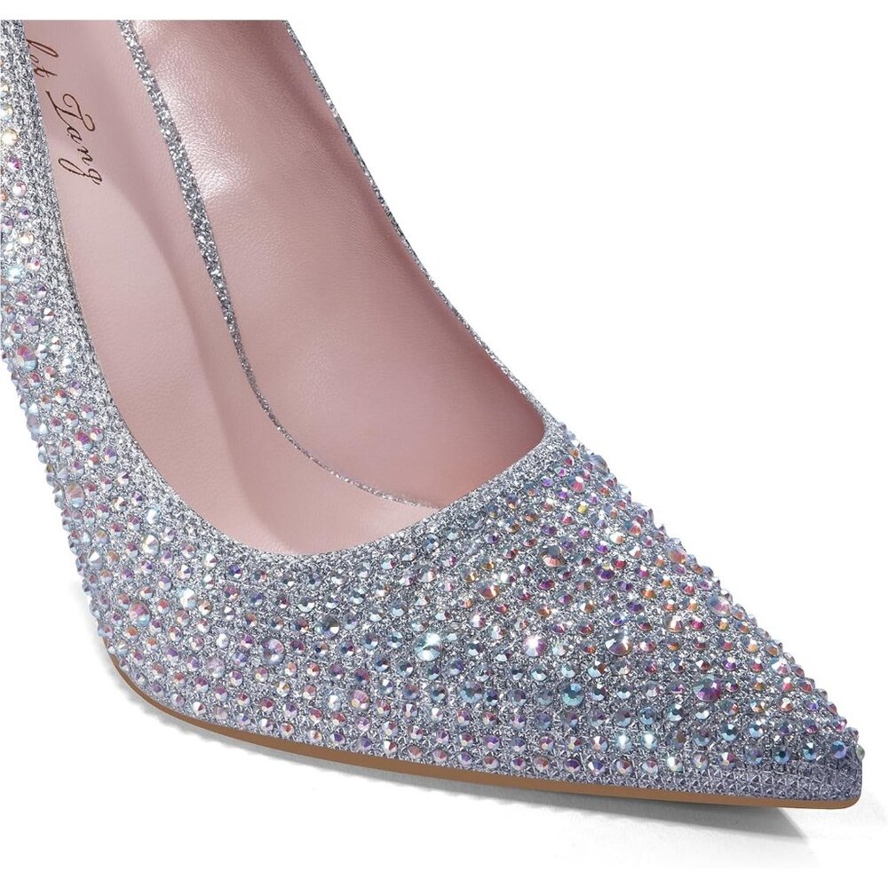 Women's Silver Pumps Pointed Toe High Heel Glitter Rhinestone Sparkly Shoes - Picture 5 of 8